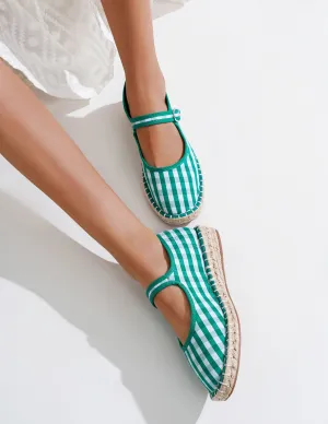 Green Gingham Espadrilles Mary Jane Shoes Womens