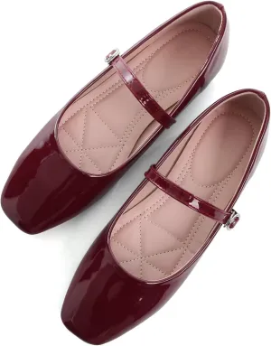 HuangTaiJi Qing Women Fashion Mary Janes Shoes Ankle Buckle Square Toe Female Comfortable Casual Flats Shoes Soft Walking Dressy Work Ballerina Flats