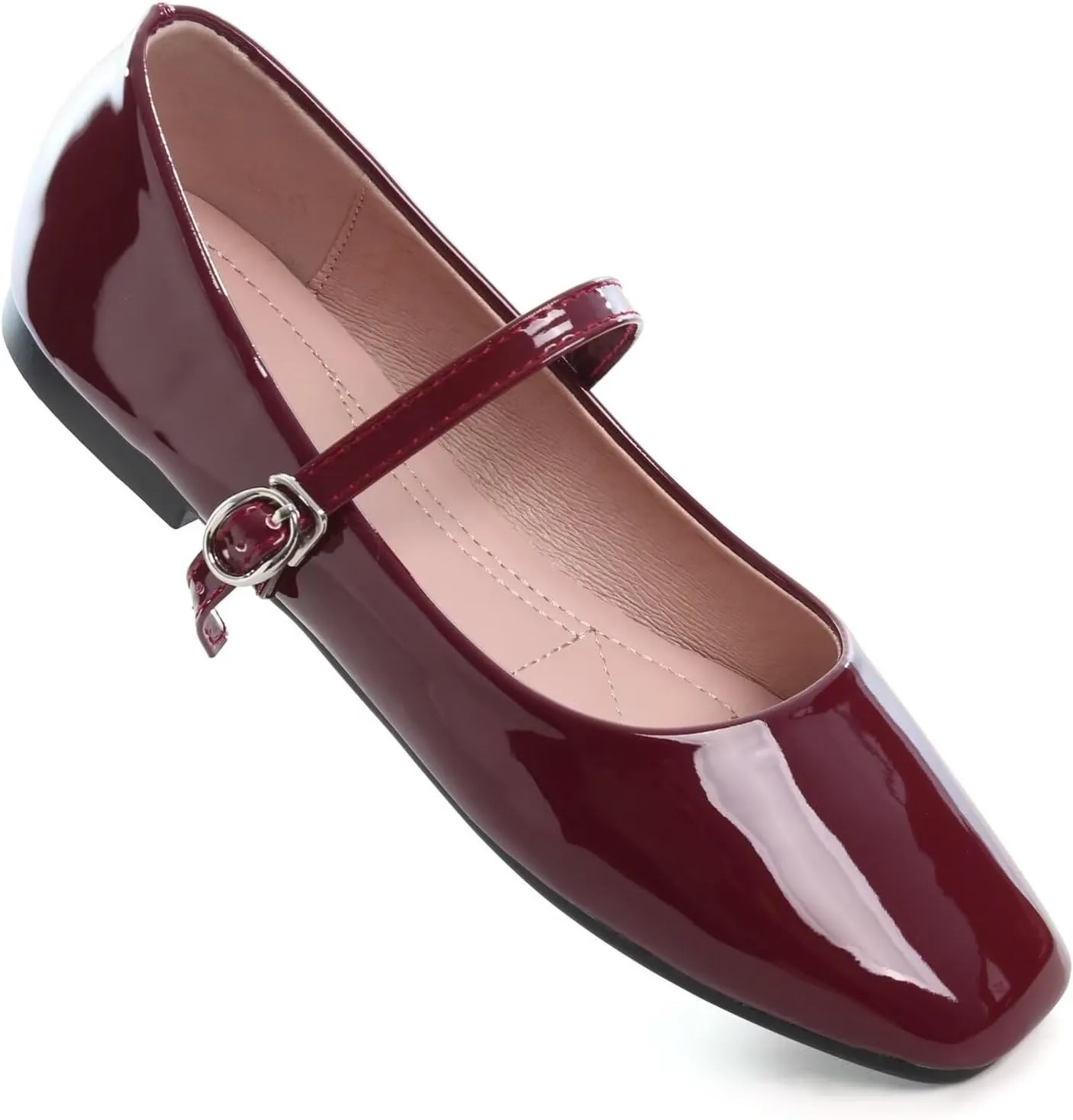 HuangTaiJi Qing Women Fashion Mary Janes Shoes Ankle Buckle Square Toe Female Comfortable Casual Flats Shoes Soft Walking Dressy Work Ballerina Flats