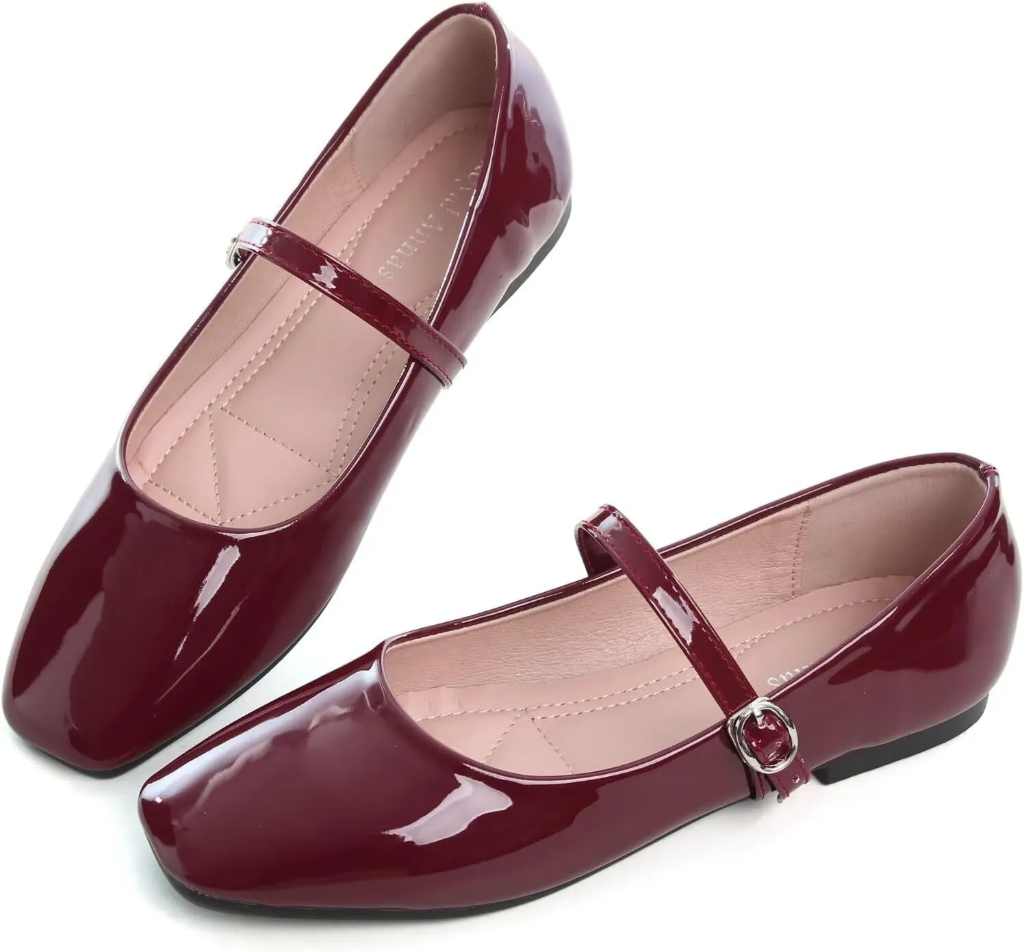 HuangTaiJi Qing Women Fashion Mary Janes Shoes Ankle Buckle Square Toe Female Comfortable Casual Flats Shoes Soft Walking Dressy Work Ballerina Flats