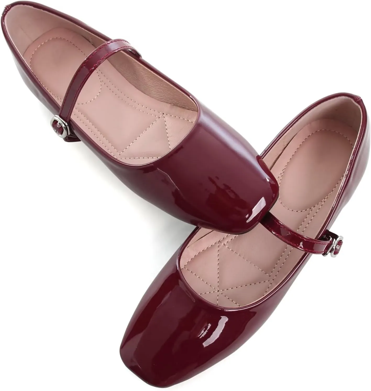 HuangTaiJi Qing Women Fashion Mary Janes Shoes Ankle Buckle Square Toe Female Comfortable Casual Flats Shoes Soft Walking Dressy Work Ballerina Flats