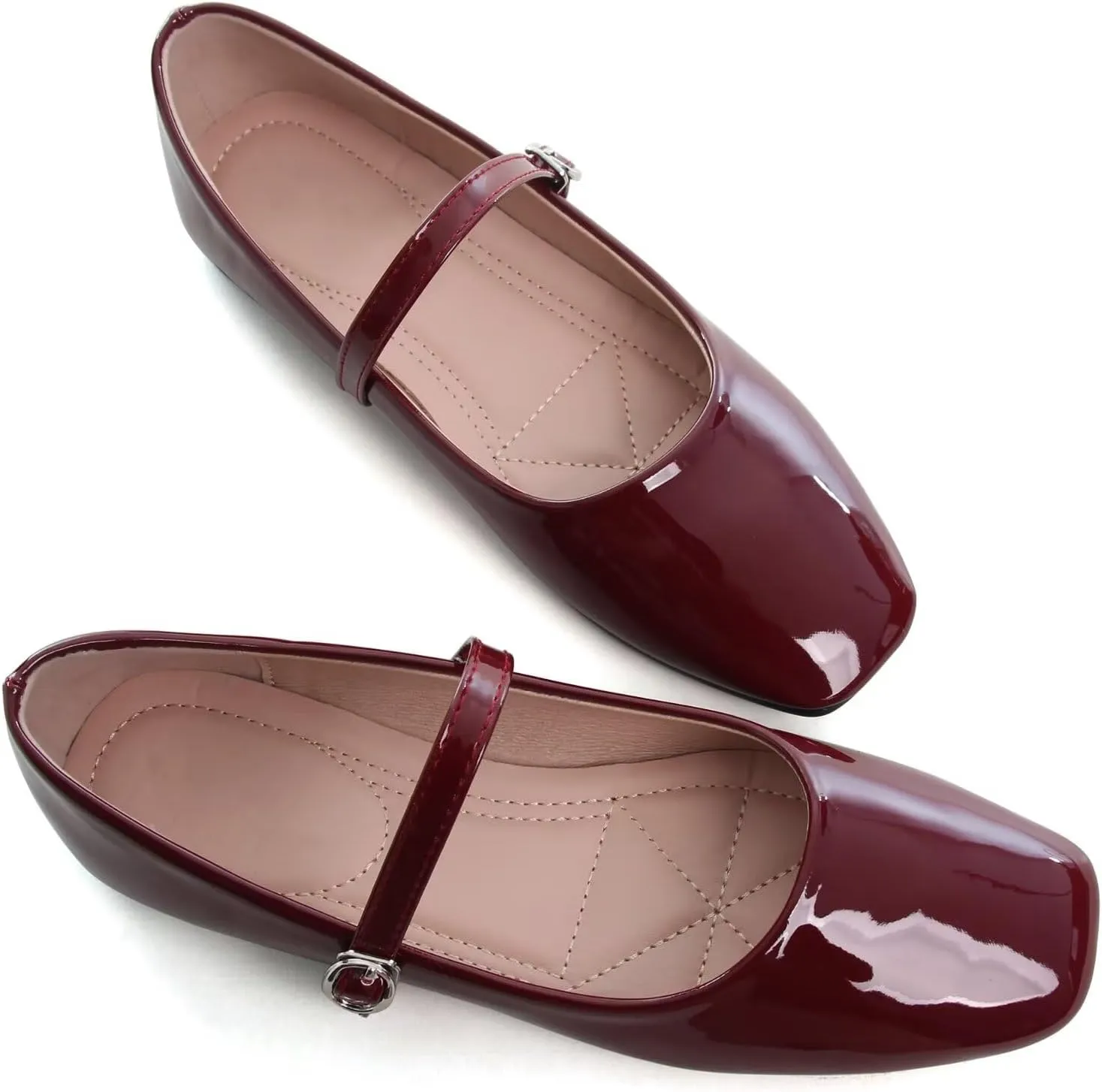 HuangTaiJi Qing Women Fashion Mary Janes Shoes Ankle Buckle Square Toe Female Comfortable Casual Flats Shoes Soft Walking Dressy Work Ballerina Flats
