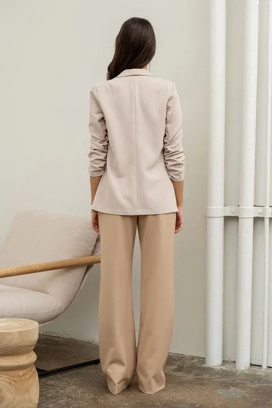 Ruched 3/4 Sleeve Blazer | Oatmeal